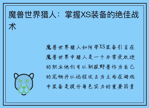 魔兽世界猎人：掌握XS装备的绝佳战术